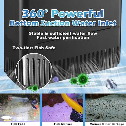 290GPH Turtle Tank Filter for 40-85 Gallon, Turtle Filter Low Water Level Available and Flow Adjustable, Turtle Water Filter for Shrimps Amphibians Turtle Tank Saltwater Freshwater Crystal Clear