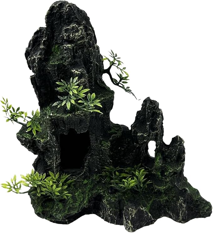Large and Tall Fish Tank Decorations Aquarium Mountain View Stone Decorations Resin Rock Aquascaping with Hiding Cave, Fish Tank Accessories Aquarium Ornaments with Small Plants (B)