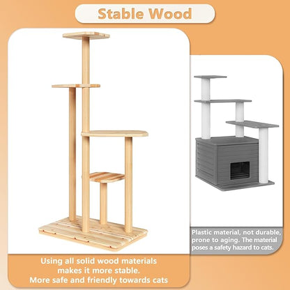 Outdoor Cat Tree - Durable 4-Tier Natural Wood for Multiple Cats, All-Weather for Patio, Garden, Balcony - Ideal for Scratching, Climbing, and Lounging