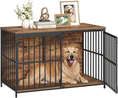 HOOBRO 46.5" Large Dog Crate Furniture, Wooden Dog Kennel Indoor, Chew-Resistant Heavy Duty Dog Cage for Large/Medium Dog, Decorative Side End Table, Rustic Brown and Black BF120GW03