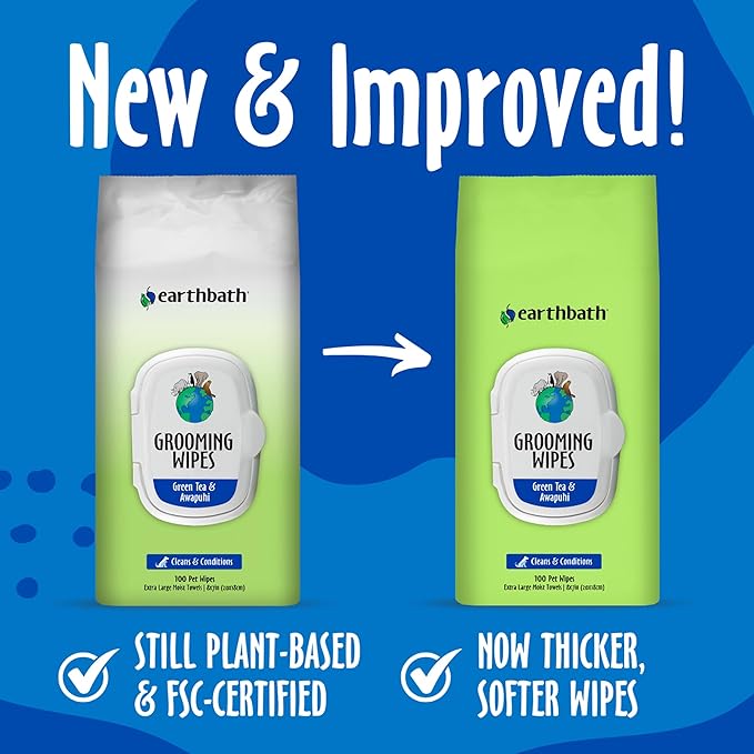 earthbath Green Tea and Awapuhi Grooming Wipes- Dog and Cat Cleaning Wipes for Paws and Butt, Cruelty-Free, Removes Dirt and Dander- 100 Count, 1 Pack