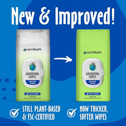 earthbath, Green Tea & Awapuhi Grooming Wipes - Dog Wipes for Paws and Butt, Best Pet Wipes for Dogs & Cats, Made in USA, Cruelty-Free Dog Cleaning Wipes, Removes Dirt & Dander - 100 Count (2 Pack)