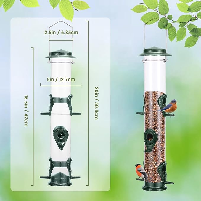 Metal Bird Feeder Tube Hanging Wild Bird Seed Feeder Aluminum Six Port Bird Feeders,1.4 mm Extra Thick Solid Tube Transparent with Steel Hanger Great for Attracting Birds