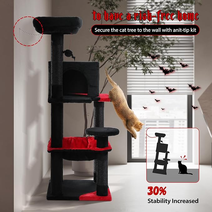 PETEPELA 45.7" Gothic Cat Tree for Indoor Cats, Cat Tower for Large Cats with Metal Frame Large Hammock (17.3"x15.3"), Cat Condo with (18.5"x13") Big Top Perch & 4 Sisal Covered Scratching Posts,Black