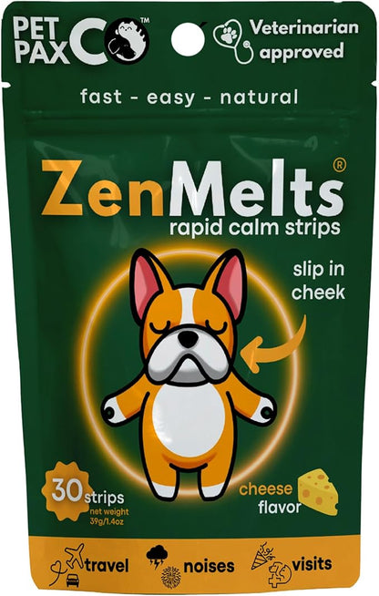 Calming Strips for Dogs 4-in-1 – 30 Behavioral Support Melts with Chamomile, L-Theanine, Tryptophan & Melatonin for Dogs – Supports Calm During Fireworks & Separation – Non Drowsy Pet Zen Formula