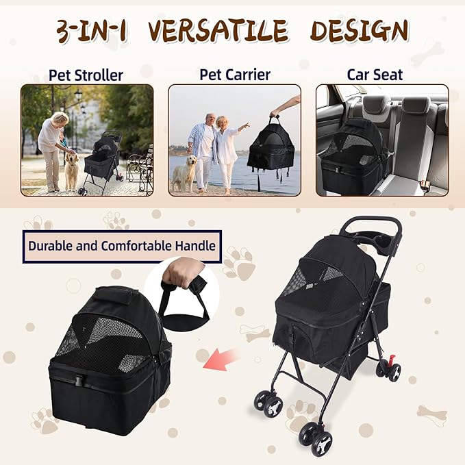 3 in 1 Dog Stroller, 4 Wheels Pet Stroller Dog Cat Stroller for Medium Small Dog Cats Up to 50lbs, Foldable Carrier Jogger Travel Puppy Stroller with Cup Holder & Breathable Mesh, Black