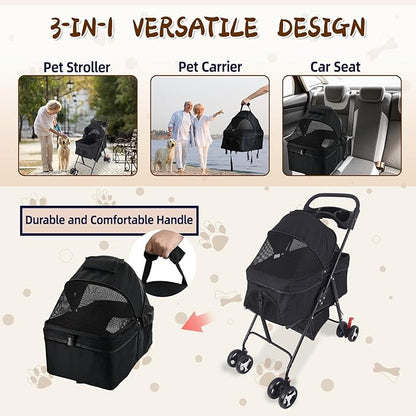 3 in 1 Dog Stroller, 4 Wheels Pet Stroller Dog Cat Stroller for Medium Small Dog Cats Up to 50lbs, Foldable Carrier Jogger Travel Puppy Stroller with Cup Holder & Breathable Mesh, Black