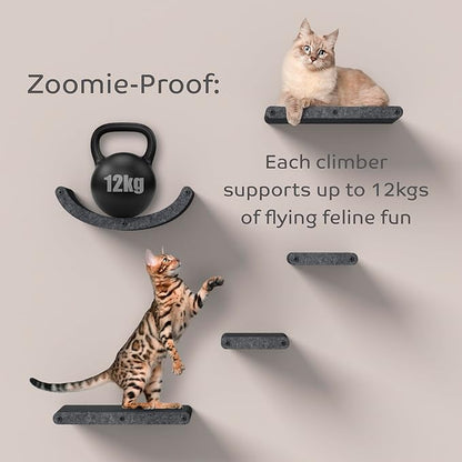Wall Mounted Cat Steps Short Shelves (2) by Pryde Pets - Stairs for Walkways, 100% Sustainable PET Felt Feline Enrichment Climber Furniture for Indoor Cats, Modern Climbing Gym Design (Charcoal)