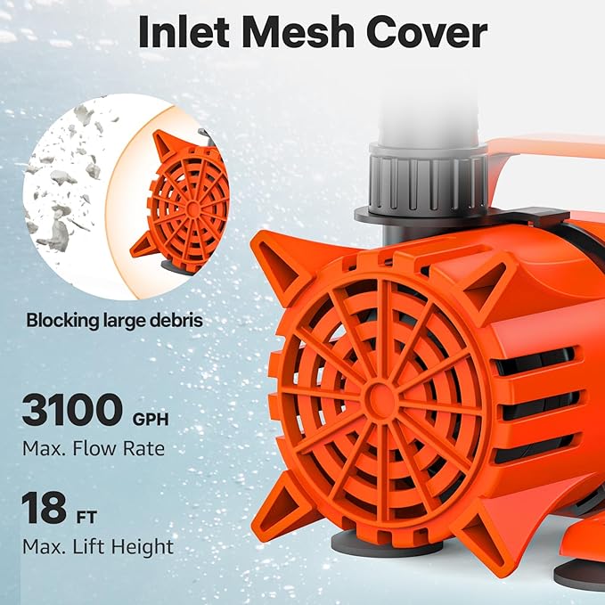DOKO 3100GPH Submersible Water Pump, 180° Ajustable Pond Pump with 20FT Power Cord 150W Ultra Quiet Aquarium Pump for Pond, Fountain, Waterfall, Fish Tank, Hydroponic, Statuary, Orange Black