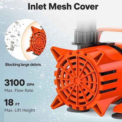 DOKO 3100GPH Submersible Water Pump, 180° Ajustable Pond Pump with 20FT Power Cord 150W Ultra Quiet Aquarium Pump for Pond, Fountain, Waterfall, Fish Tank, Hydroponic, Statuary, Orange Black