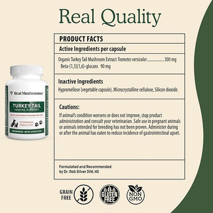 Real Mushrooms Turkey Tail Capsules for Pets –Cat Probiotics & Dog Vitamins – Organic Mushroom Supplement for Dogs & Cats – Supports Daily Balance & Well-Being Non-GMO, 90 ct