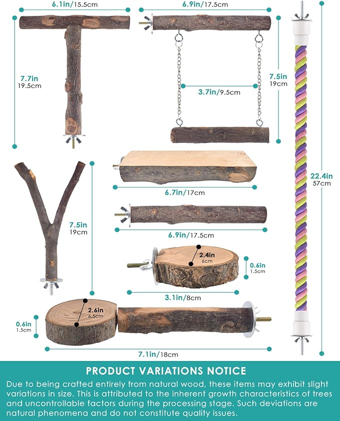 Bird Perches, 8pcs Natural Wood Parrot Perch Stand Chewing Toys Cage Accessories Hanging Multi-Branch Perch Platform Swing Toy Rope Perches for Small and Medium Parakeet, Conures, Budgies