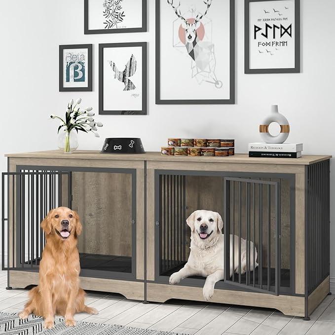 75 Inch Double Dog Crate Furniture for 2 Large Dogs with 2 Trays and Divider, 3-in-1 Grey Large Double Dog Kennel TV Stand with Adjustable Feet