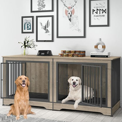 75 Inch Double Dog Crate Furniture for 2 Large Dogs with 2 Trays and Divider, 3-in-1 Grey Large Double Dog Kennel TV Stand with Adjustable Feet