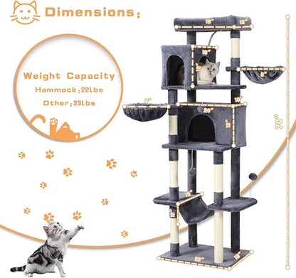 70-Inch Cat Tree,Large Cat Tree Tower with Hammock, Scratching Post, Condo and Multi-Level Cat Tower for Large Cats, Cat Activity Center Playhouse, Dark Gray LCT016