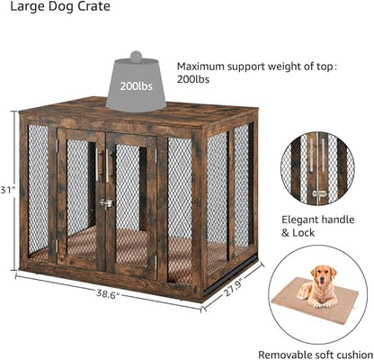unipaws Large Dog Crate Furniture with Tray 38 inch, Wooden Kennel Pet House Dog Cage with Door, Modern Decorative Dog Crate End Side Table Nightstand, Rustic