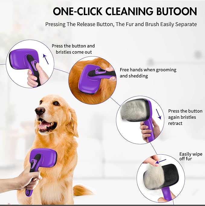 3 PCS Dog Grooming Brush Kit  Self Cleaning Slicker Brush for Shedding Short & Long Haired Dogs & Cats. Removes Loose Fur, Undercoat, Mats, Tangles for Small, Medium & Large Pets. Purple