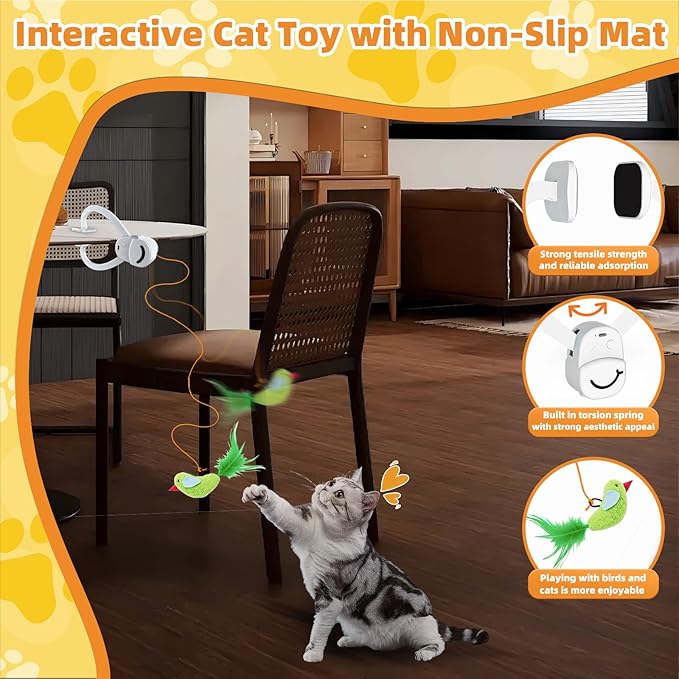 Interactive Cat Toys for Indoor Cats Automatic Electric Flying Bird Feather Wand Toy - Best Kitten & Adult Cat Enrichment Toy Hanging Electric Kitty Toys for Bored Cats