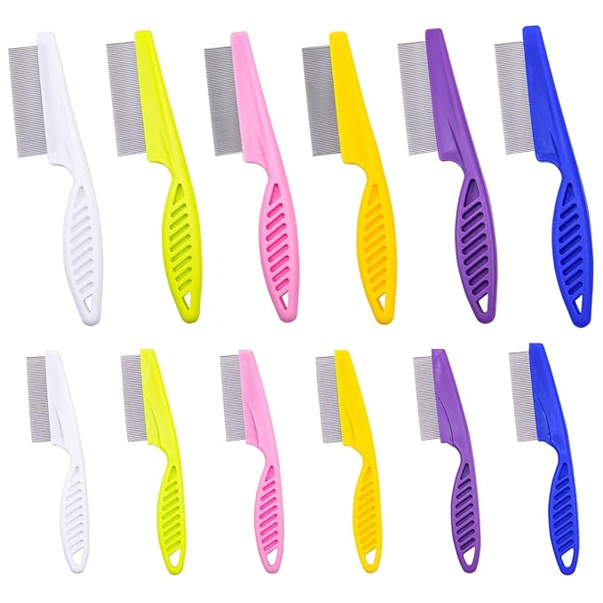 12 Pcs Pet Hair Comb Flea Comb for Dogs Cats Remover Tool with Stainless Steel Teeth Metal Flea Comb for Pet Supplies Remove Tear Stain Knots Crust Mucus (Multicolor)