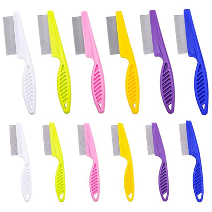 12 Pcs Pet Hair Comb Flea Comb for Dogs Cats Remover Tool with Stainless Steel Teeth Metal Flea Comb for Pet Supplies Remove Tear Stain Knots Crust Mucus (Multicolor)