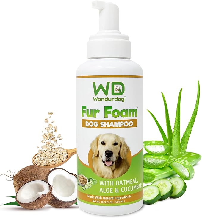 Fur Foam Dog Shampoo with Oatmeal, Coconut and Aloe. Hypoallergenic, Softens Coat, Moisturizes Dry Skin, Restores Shiny, Lathers from Bottle. (16.9oz)