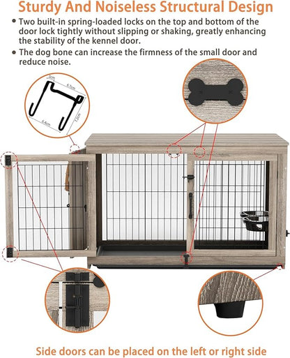 Piskyet Wooden Dog Crate Furniture with 360°Rotatable Removable Dog Bowls, Dog Crate End Table with Tray, Double Doors Dog Kennels for Dogs(XL:43.2" L*28.6" W*30.3" H, Gray)