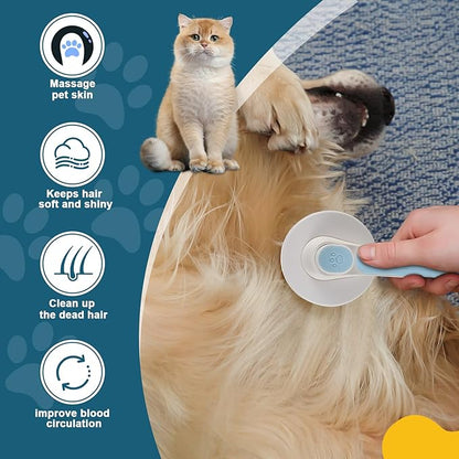 New cat brush&dog brush,pet hair brush with Self Cleaning Button Easy to remove loose undercoatï¼_eedle-tip massage beads, no harm to the skin (Blue)