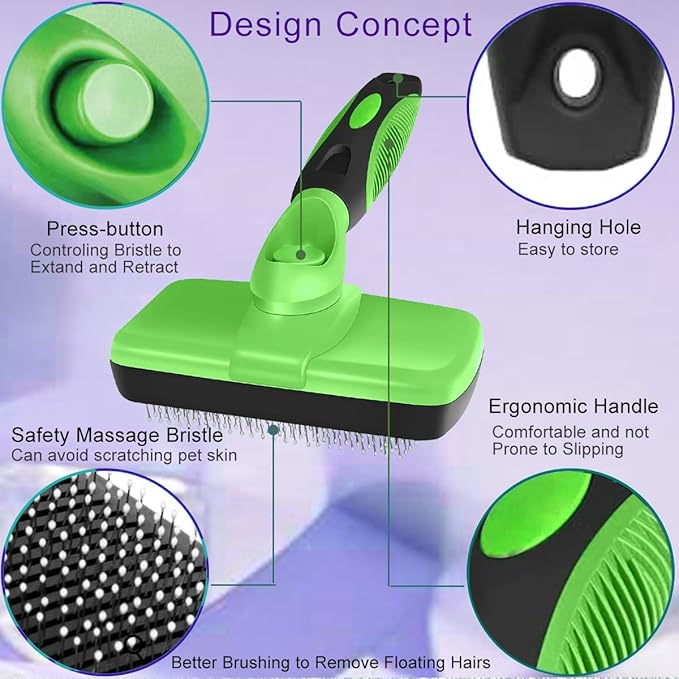 Self Cleaning Slicker Brushes for Pets,Dog Brush for grooming, Massaging Tool Suitable for Dog or Cat,Dog Brush or Cat Brush. (Green)