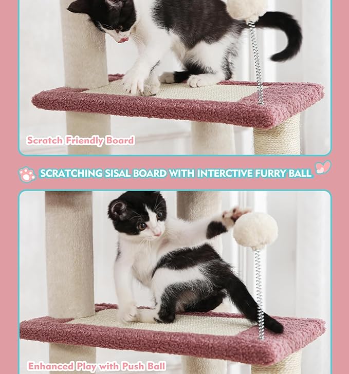 Made4Pets Pink Cat Tree, Carpet Cat Tower Grey for Indoors Cats, Cute Wood Kitty Condo with Scratching Post and Pad, 29" Multi-Level Modern Activity Climbing Furniture for Small and Medium Cats