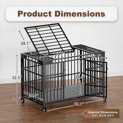 54 Inch Heavy Duty Dog Crate with Wheelsï¼_ndestructible Escape-Proof Dog Cage for Large Dogs, Extra Large XL XXL Indestructible Dog Crate with Removable Tray.