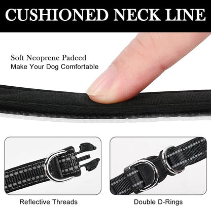AUAUY Reflective Nylon Dog Collars, Adjustable Classic Pet Collars with Soft Neoprene Padding, Double Security Dual D-Ring and Quick Release Buckle for Small Puppy, Medium and Large Dogs (Black-S)