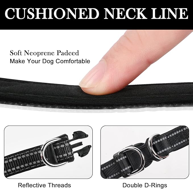 AUAUY Reflective Nylon Dog Collars, Adjustable Classic Pet Collars with Soft Neoprene Padding, Double Security Dual D-Ring and Quick Release Buckle for Small Puppy, Medium and Large Dogs (Black-M)