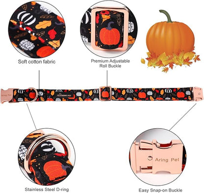 ARING PET Halloween Dog Collar-Cotton Black Pumpkin Dog Collar with Flower, Adjustable Fall Leaves Dog Collars Pet Necklace with Metal Buckle for Girl&Boy Dogs