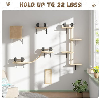 Cat Wall Shelves, Wall Mounted Cat Furniture, Cat Wall Climber with Bridge, Perches, Ledges and Beds, Kitty Jungle Gym for Wall, Set of 5 (Beige)