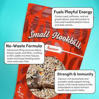 Mycelium Small Hookbill Food | Organic Bird Seed for Conures, Cockatiels, Lovebirds | Premium Mix with Pumpkin Seed, Buckwheat, Oat Groats, & Hemp | Supports Feather & Bone Health | Non-GMO 5 lb Bag