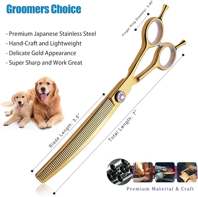 7" Downward Curved Dog Grooming Thinning Scissors for Grooming Face and Paws Safety Shears Trimming Cutting Shears for Dog Cat Pet Grooming Gold