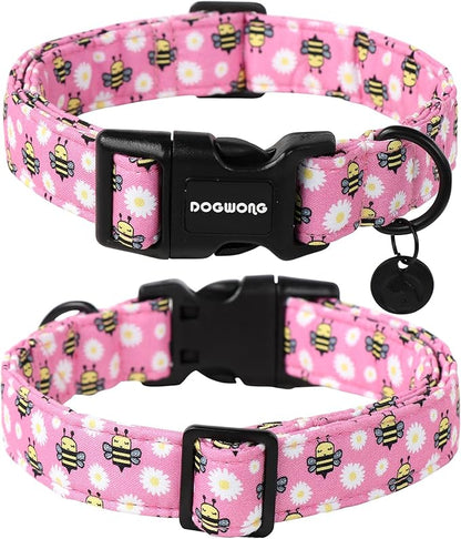 DOGWONG Pink Dog Collar, Female Dog Collar Durable Soft Natural Fabric Pet Girl Dog Collar Cute Daisy Puppy Necklace for Small Medium Large Dog