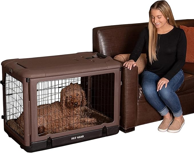 Pet Gear _he Other Door 4 Door Steel Crate for Dogs/Cats with Garage-Style Door, Includes Plush Bed + Travel Bag, No Tools Required, 3 Models, 3 Colors