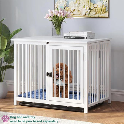 Heavy Duty Dog Crate Furniture, Fully Assembled exc. Locks, All Metal Frame & Wooden Tabletop, Modern Kennel for Small Dog, End Table, Sturdy, Foldable, White