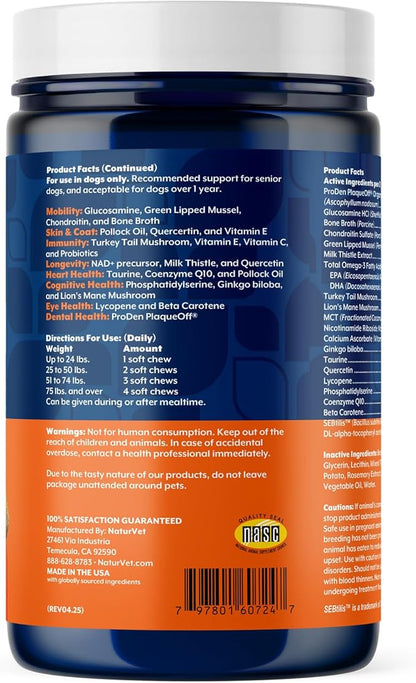 NaturVet All-in-One Senior Dog Daily Care Supplement, 8-in-1 Support Dog Soft Chews for Mobility, Skin, Heart, Teeth, Cognition, Eyes, Hickory Smoked Bacon Flavored Pet Supplement for Dogs, 60 Count