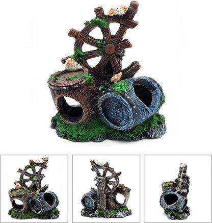 Mipukbay Fish Tank Decoration, Broken Ship Wheel & Cask Aquarium Decor Hiding Cave Ornament Landscaping Rock Resin Decoration
