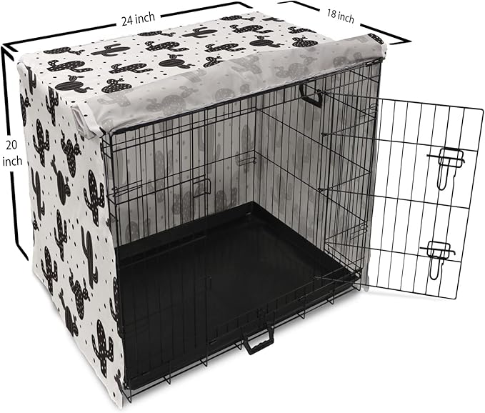 Ambesonne Cactus Dog Crate Cover, Monochrome Saguaro Succulent Botanical Continuous Pattern Plain Background, Easy to Use Pet Kennel Cover for Cats & Medium Dogs, 24 Inch, Charcoal Grey