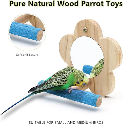 2Pcs Small Bird Mirror Parrot Swing,Wooden Parakeet Perches Flower Interactive Play Toys for Small Budgies Macaw African Grey Parakeets Lovebird Cockatiel Cage Accessories (S,Wood-2p)