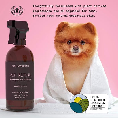 Muse Apothecary Pet Ritual Aromatic Waterless Dog Shampoo - No Rinse Dry Shampoo for Dogs & Cats - Essential Oils Infused, 16oz, Lavender Fields