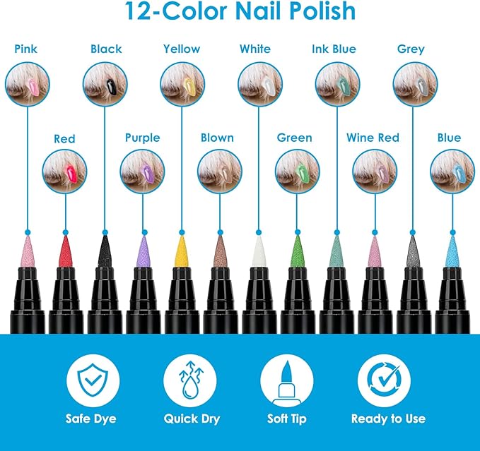 Pet Nail Polish Pen Set - Dog Nail Polish Pens Quick Dry, 12 Colors Fast Drying Dog Safe Nail Polish Set