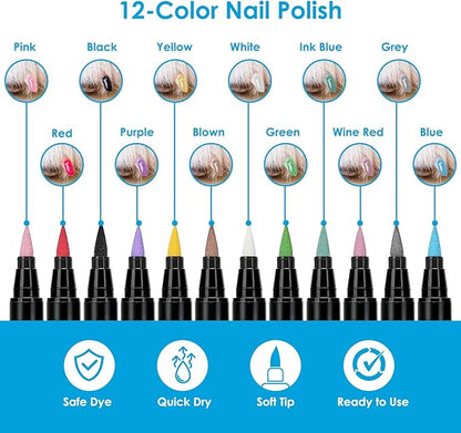 Pet Nail Polish Pen Set - Dog Nail Polish Pens Quick Dry, 12 Colors Fast Drying Dog Safe Nail Polish Set