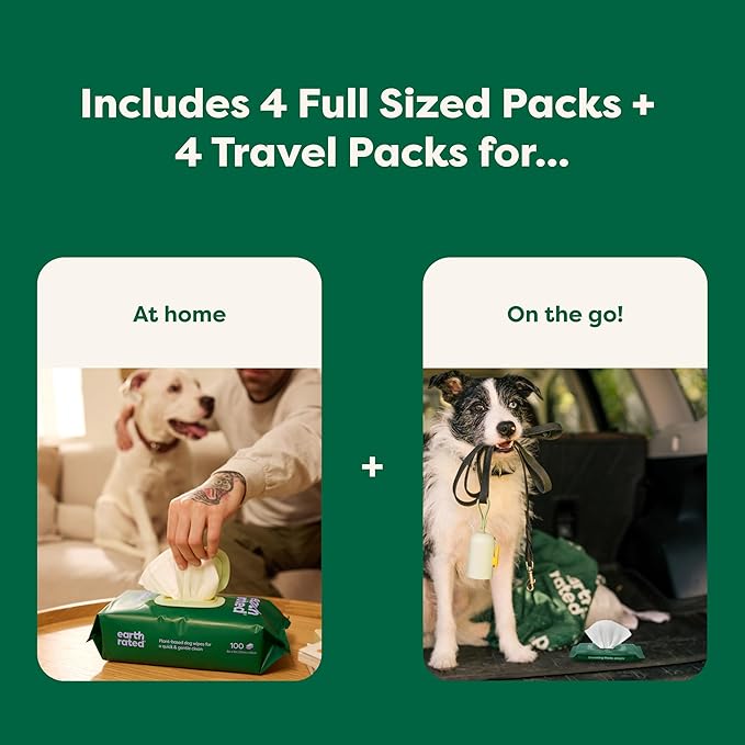 Earth Rated Hypoallergenic Dog Grooming Wipes for at Home & On-The-Go, for Paws, Body & Butt, Includes 4 Travel and Full Sized Packs, 440 Count
