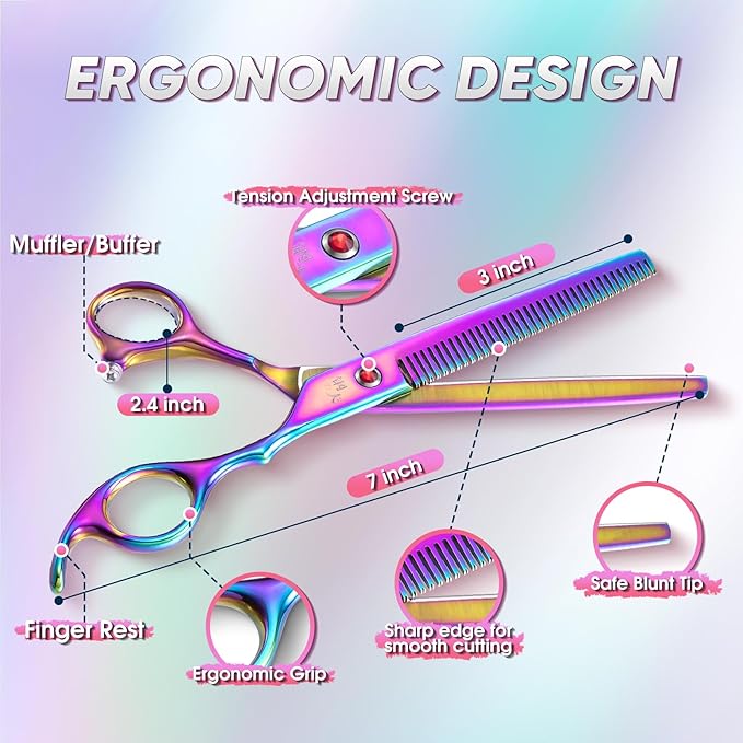 7" Dog Thinning Shears for Grooming, Multicolour Texturizing Scissors for Medium and Big Pets Japanese Stainless Steel 440C Sharp and Sturdy Grooming Shears for Novice and Professional Groomers