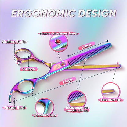 7" Dog Thinning Shears for Grooming, Multicolour Texturizing Scissors for Medium and Big Pets Japanese Stainless Steel 440C Sharp and Sturdy Grooming Shears for Novice and Professional Groomers