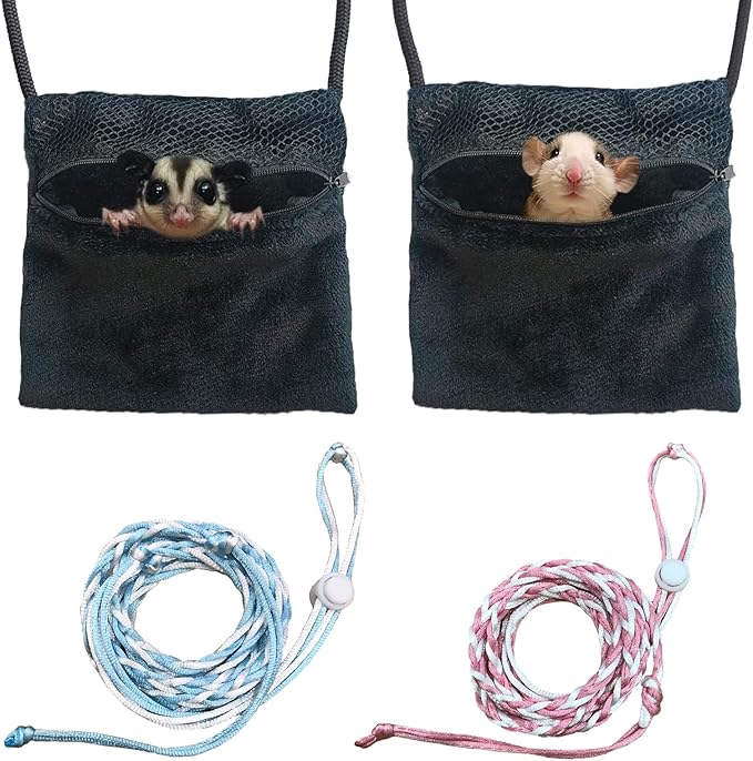 2 Pics Sugar Glider Pouch and 2 Pics Hamster Leash Small Animal Carry Pouch with Adjustable  Cozy & Portable Habitat for Small Pets (Hamsters, Rat, Marmosets, Squirrels)